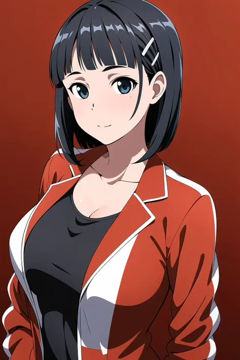 Simple red Background,
red jacket, long sleeves, collarbone, cleavage, 
<lora:Kirigaya_Suguha_SAO-KK77-V1:0.7>,
black eyes, black hair,bangs,short hair,hair ornament, 
<lora:Oda_Non_Style-KK77-V2:0.3>,<lora:more_details:0.1>,
1 girl, 20yo,Young female,Beau...