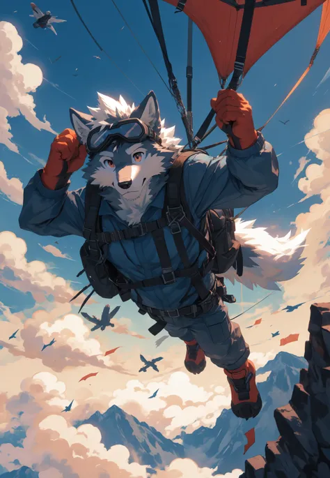 masterpiece, best quality, furry, wolf, solo, parachute, backpack, expansion, goggles, folded ears, dynamic angle, midair, sky, cloud, detailed background, blue sky, sunlight, (bird:0.5)