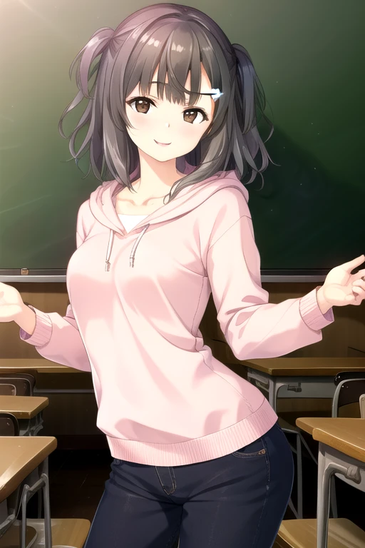 ((masterpiece)),(best quality),official art,extremely detailed CG,unity 8k wallpaper,ultra detailed,beautiful detailed eyes,extremely detailed face,classroom,1girl,solo,cowboy shot,looking at viewer,facing viewer,smile,Suzumoto Chisa,medium hair,brown hair...