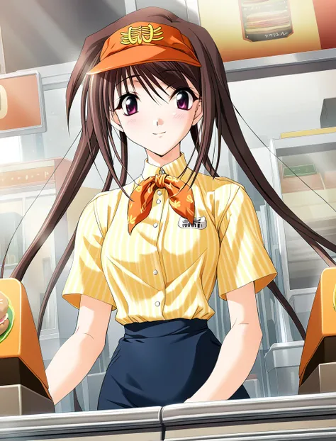 1girl,Hina Asuka,yellow employee uniform,visor cap,blue skirt,light smile,Burger Shop,name tag,masterpiece,solo,best quality,game cg,(illustration:1.2),(extremely fine and beautiful),(perfect details),(unity CG 8K wallpaper:1.05),(ray tracing),(beautiful a...