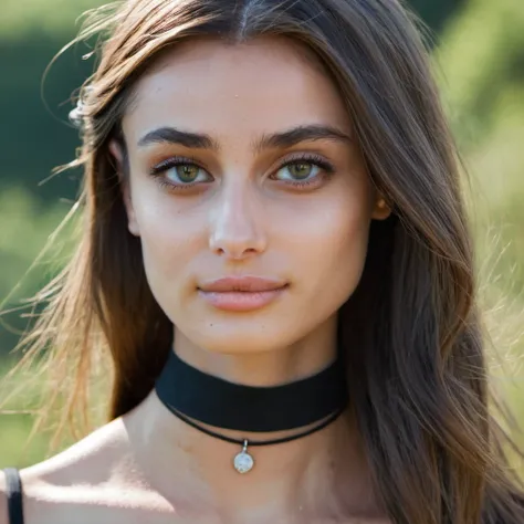 Skin texture, no makeup, Super high res closeup portrait photo of a stunning woman outdoors with straight hair, wearing a small string choker around her neck,f /2.8, Canon, 85mm,cinematic, high quality,looking at the viewer,    <lora:tayhill_xl_1_standard_...