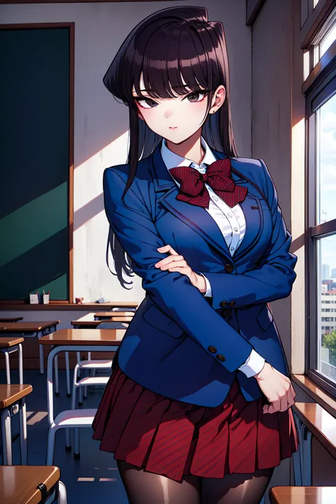 1girl, cowboy shot, classroom, 
komi_shouko, black eyes, black hair, long hair, school uniform, red bowtie, jacket, blazer, long sleeves, striped, pleated skirt, red skirt, black pantyhose,  <lora:komi_shouko_lora_ver3:0.7>, best quality, masterpiece, high...