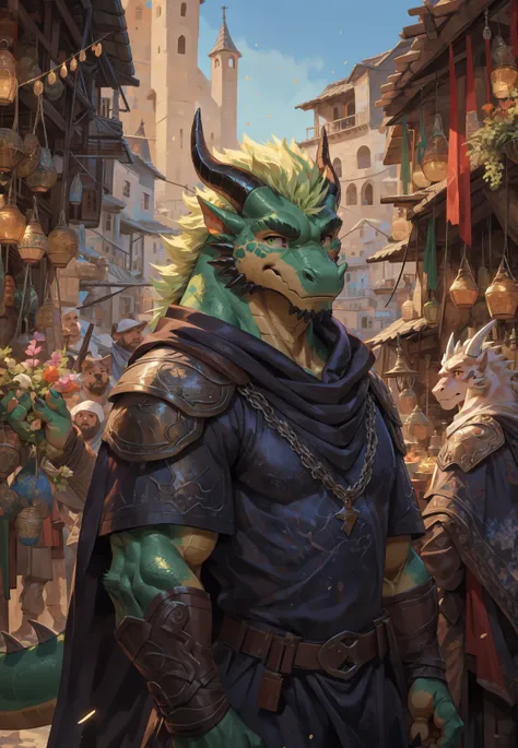 impasto, masterpieces, official art, anthro, lime green body, dragon, horn, tail, male, standing, muscle, strong, mane, armor, Cloak, detailed eyes, upper body, (bust portrait), noon, bazaar, masses, Medieval town, light particles, Pino Daeni, Michael & In...