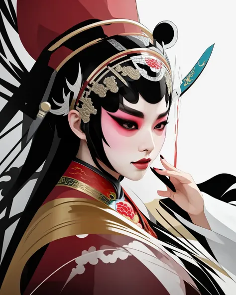 Flat color, Color Ink Splashing, best quality,masterpiece,highly detailed,ultra-detailed,   <lora:BeijingOpera:1> beijing opera, solo, 1girl, black hair, makeup  ,fighting stance, holding weapon, portrait, 
<lora:Flat_Design_last:2> <lora:Flatcolor_last:1>