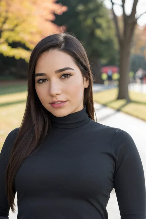 Portrait photo of k4rl33gr3y woman, pink turtleneck blouse, sharp, high definition, photograph, in a park