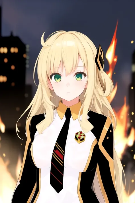 1girl, solo, masterpiece, blurry background, outdoors, fire, sparks, upper body, portrait, cityscape, <lora:sentokireiv1:0.8>, sentokirei, expressionless, dress, two-tone dress, black necktie, long sleeves, hair ornament,