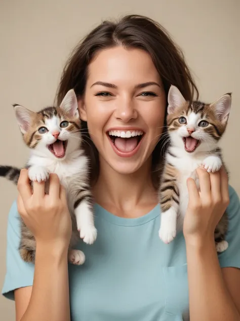 of a cute happy woman holding up two cute kittens while laughing maniacally laughter, dual wielding kittens <lora:dual_pistols:0.45>fingers