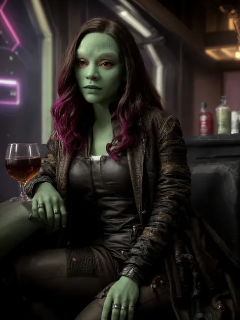 gmra woman,wearing coat and vest,(sitting in a sci fi bar),masterpiece,extremely detailed,intricated