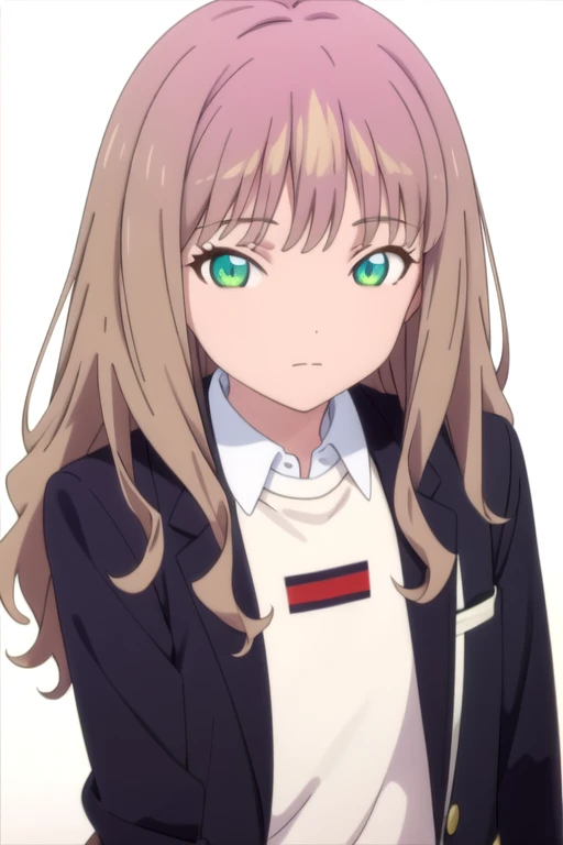 solo, 1girl, looking at viewer, 2D, anime, anime coloring, upper body, (solid white background:1.3), <lora:yume-ssss-01:0.8>, yume minami, white shirt, jacket, school uniform, looking at viewer, closed mouth