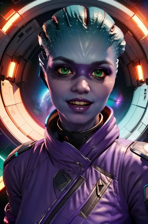 Peebee,blue skin,green eyes,facial mark, open mouth, 
upper body,smiling,gloves, close up, 
purple jacket,midriff,belt,
space pod,neon lights,
(insanely detailed, beautiful detailed face, masterpiece, best quality),solo,<lora:Peebee118:0.8>,