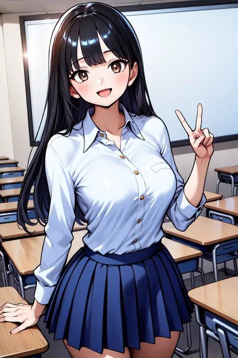 1girl, cowboy shot, classroom, smile, open mouth, 
yamada_anna, brown eyes, black hair, long hair, bangs, school uniform, white shirt, collared shirt, pleated skirt, blue skirt, <lora:yamada_anna_lora_ver2:0.7>, best quality, masterpiece, highres, <lora:Go...