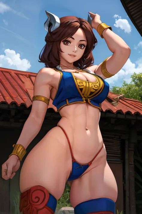 SuiLin,brown eyes,brown hair,hair ornament,
necklace,cleavage,light smile,looking at viewer,blue tube top,
blue legwear,cotton wristband,underwear,
from below,
Chinese village,morning,
(insanely detailed, beautiful,masterpiece, best quality) solo,<lora:Sui...