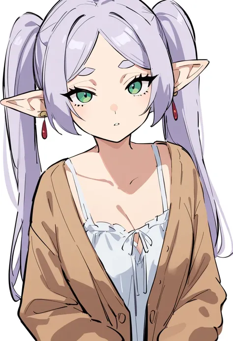 1girl, frieren, sousou no frieren,
long hair, twintails, green eyes, silver hair, nightgown, cardigan, pointy ears, earrings, 
white background, simple background, sketch,
masterpiece, best quality, very aesthetic, absurdres,