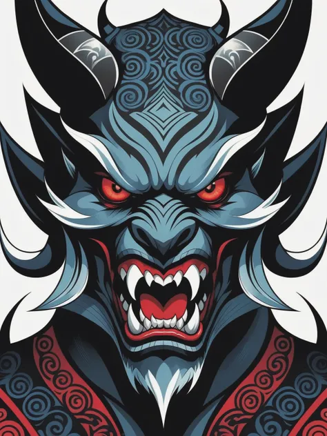 comic Japanese pattern, totem,sharp, demonic entity, looking at viewer, simple background, demon, red eyes, fangs, open mouth, tattoo, demon. graphic illustration, comic art, graphic novel art, vibrant, highly detailed