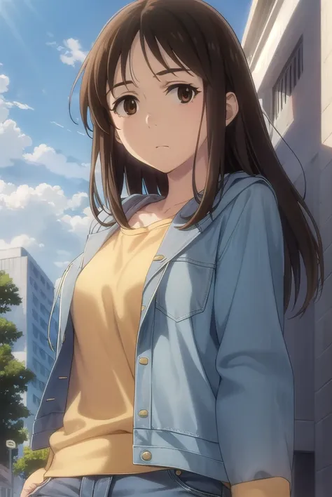 airikatagiri, <lora:airi katagiri s1-lora-nochekaiser:1>,
airi katagiri, long hair, brown hair, (brown eyes:1.5),
BREAK jacket, open clothes, shorts, hood, hoodie, denim, blue shorts, denim shorts
BREAK outdoors, city,
BREAK looking at viewer, (cowboy shot...