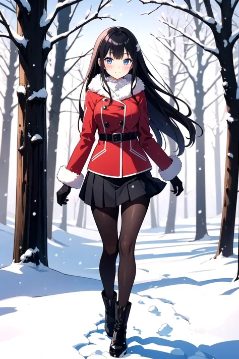 1girl, solo, pantyhose, blue eyes, boots, snow, tree, black hair, long hair, black footwear, outdoors, skirt, gloves, black pantyhose, bangs, black skirt, standing, red jacket, very long hair, pleated skirt, looking at viewer, fur trim, jacket, long sleeve...