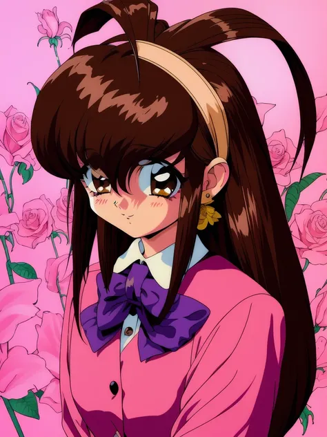 <lora:Kanzaki_Akari:1>,  KanzakiAkari, 1girl, solo, flower, 1990s (style), brown hair, retro artstyle, brown eyes, hairband, long hair, rose, antenna hair, earrings, blush, looking at viewer, jewelry, floral background, bow, upper body, school uniform, pin...