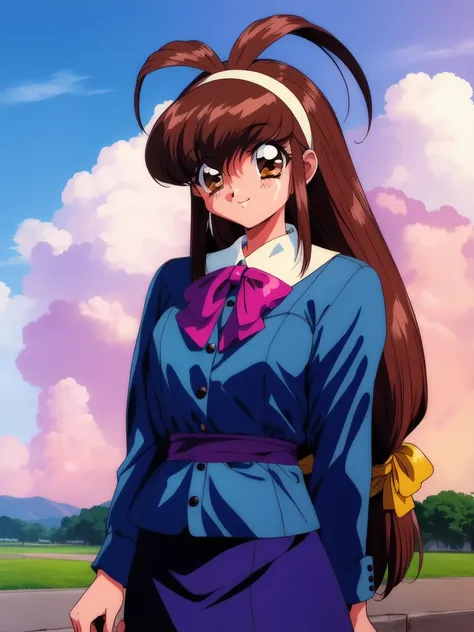 <lora:Kanzaki_Akari:0.8>,  KanzakiAkari, 1girl, soro, brown_hair, hairband, brown_eyes, long_hair, antenna_hair, low-tied_long_hair, 1990s_(style), retro_artstyle, cowboy_Shot, sky, outdoor, smile, 
dress, long sleeve, skirt,
masterpiece, high quality, ver...