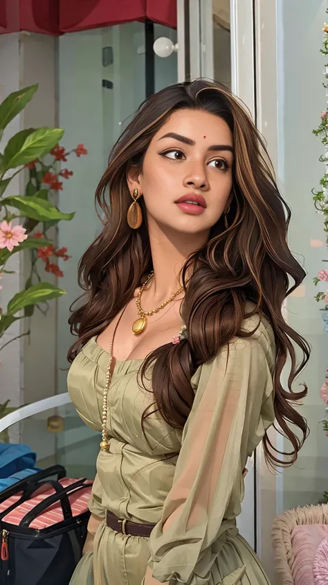 (masterpiece, best quality:1.2), 1girl, solo, BhavanaM,1girl, blurry, brown eyes, brown hair, curtains, dress, earrings, freckles, indoors, jewelry, lips, long hair, long sleeves, looking at viewer, makeup, mole, necklace, nose, pearl necklace, photo (medi...