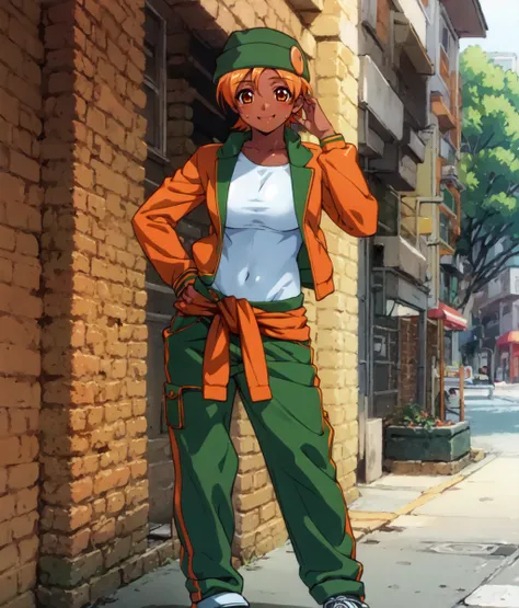 Masterpiece.1girl, solo, smile, sweat, hand on head, dark skin, orange hair, short hair, orange eyes, white shirt, knitted green hat, green saggy pants, jacket on waist, sneakers, standing, full body, outdoors, park  <lora:Pupa:1>