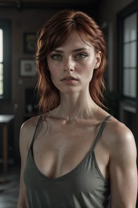 1girl, belt, blurry background, clothes writing, collarbone, freckles, green eyes, indoors, lips, long hair, looking at viewer, nose, parted lips, portrait, realistic, red hair, shirt, solo, standing, upper body, woman  <lora:SAIOC_sd15_1-000011:0.75> s41o...