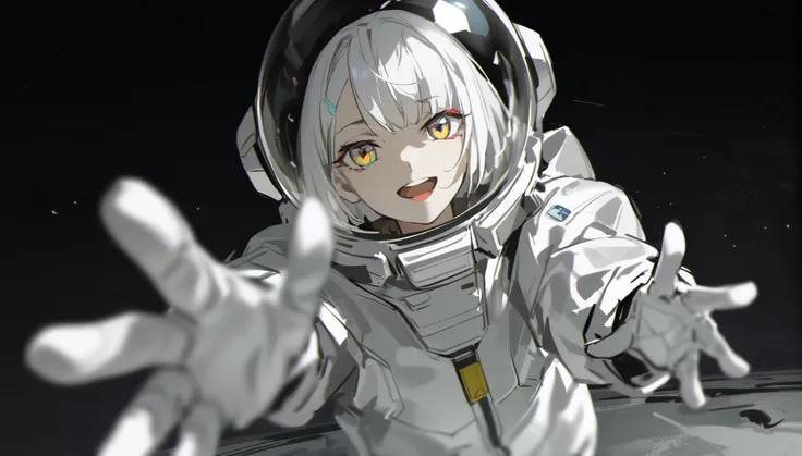 sketch,oil painting, 1girl, astronaut, bangs, blurry, blurry foreground, depth of field, earth, ((planet)), helmet, looking at viewer, lucy, (cyberpunk), multicolored eyes, open mouth, reaching towards viewer, red eyeliner, short hair, smile, solo, space, ...