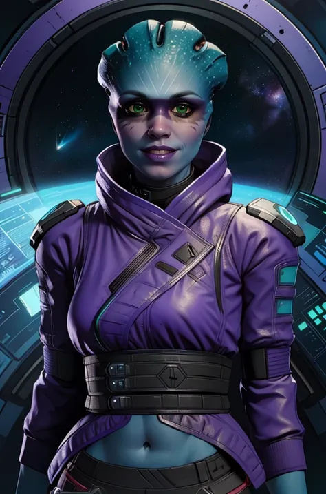 Peebee,blue skin,green eyes,facial mark,
upper body,smiling,gloves,
purple jacket,midriff,belt,
standing,
space pod,neon lights,
(insanely detailed, beautiful detailed face, masterpiece, best quality),solo,<lora:Peebee118:0.8>,