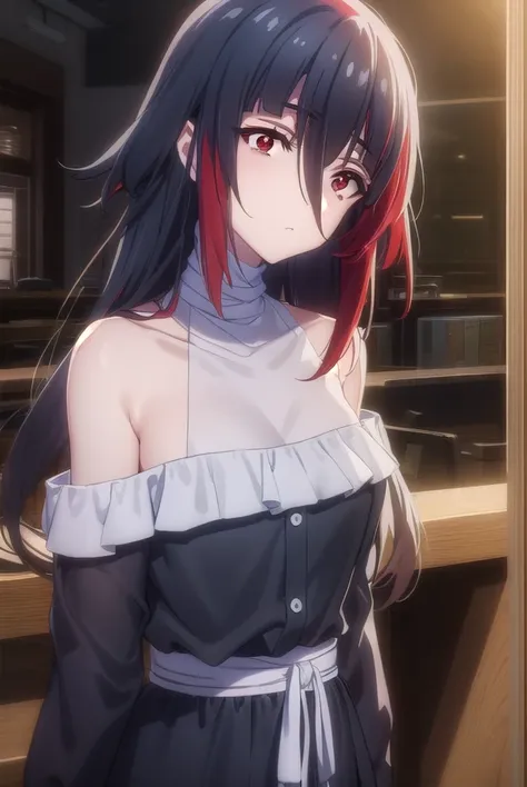 taeyamada, <lora:tae yamada s2-lora-nochekaiser:1>,
tae yamada, lack hair, hair between eyes, long hair, (red eyes:1.5), sidelocks,
BREAK bandaged chest, bandaged head, bandages, black dress, dress, off shoulder,
BREAK indoors, classroom,
BREAK looking at ...