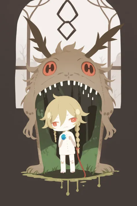 masterpiece, best quality, <lora:style23:1>,blonde hair, braid, 1boy, monster, flat color, chibi, male focus, window, animal, sharp teeth, long hair, standing, solo, no lineart, looking at viewer, cape, no mouth, creature, red eyes, single braid, leash