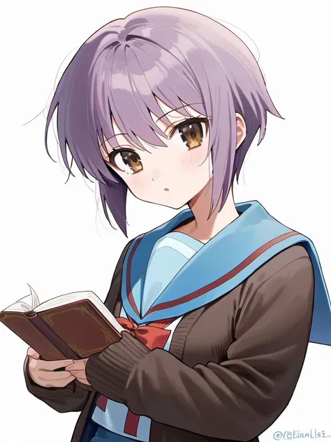 score_9, source_anime,
1girl, nagato yuki, solo, sailor collar, blue skirt, skirt, short hair, kita high school uniform, school uniform, purple hair, red ribbon, holding book, white background, cardigan, ribbon, serafuku, blue sailor collar, brown cardigan...