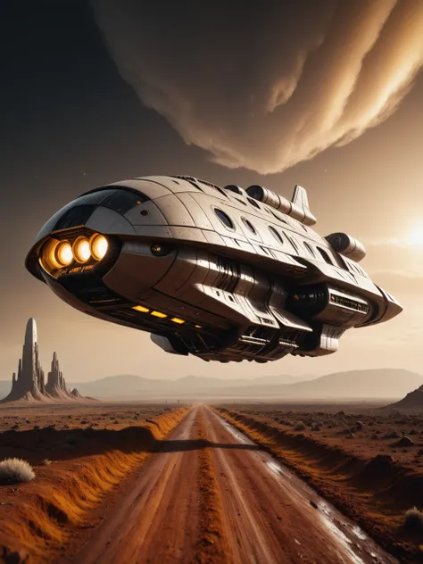 ufomaker, raw, spaceship, flying, plasma engines, valley, landscape, sunset, dust storm, cinematic , dark , High-Contrast Palette, Black, white, and bright yellow accents for a bold and visually striking design., Ribbed textures and patterns, Retrofuturism...