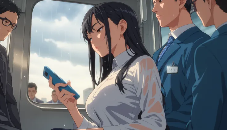 score_9,score_8_up,score_7_up,score_6_up,anime screencap,<lora:CoMix_BGXL>,source_anime,train interior,1girl,sitting,holding phone,business suit,crowd,from side,looking down,half-closed eyes,from below,leaning over,upper body,long hair,black hair,brown eye...