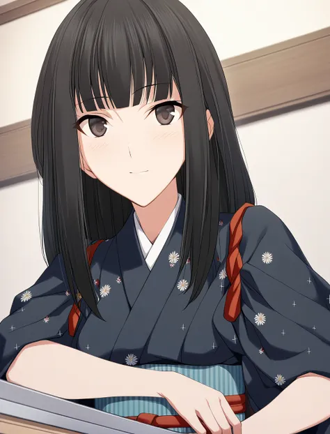 1girl,nagumo kasumi,black kimono,white flower pattern,cross pattern,apron,masterpiece,solo,best quality,game cg,(illustration:1.2),(extremely fine and beautiful),(perfect details),(unity CG 8K wallpaper:1.05),(ray tracing),(beautiful and clear background:1...