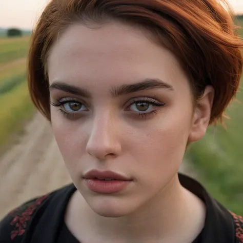 (Zoomed-in close-up face portrait:1.3) photo of a thinking, (closed mouth:1.5) calm shy athletic goth 20 year old (Chilean:1.1) young woman with short auburn hair, hazel eyes, large breasts, (makeup, eyeliner, eyeshadow, lipstick:0.9), (pores:0.5), (gooseb...