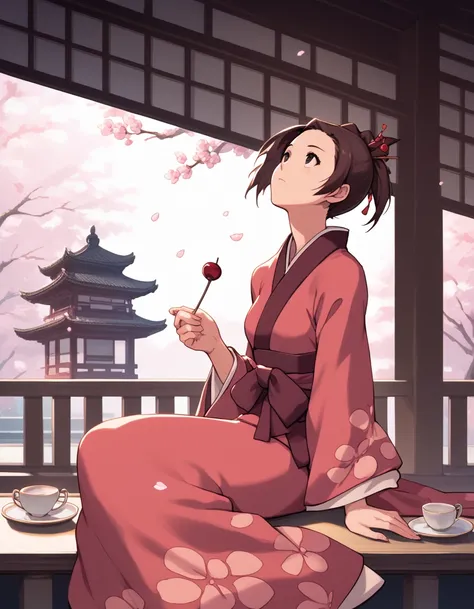 score_9, score_8, score_7, source_anime,
<lora:fuu-ponyxl-000015:1> fuu, kimono, hair ornament, hair stick, ponytail,
1girl, sitting, japanese east asian architecture, looking up, teacup, cherry blossoms