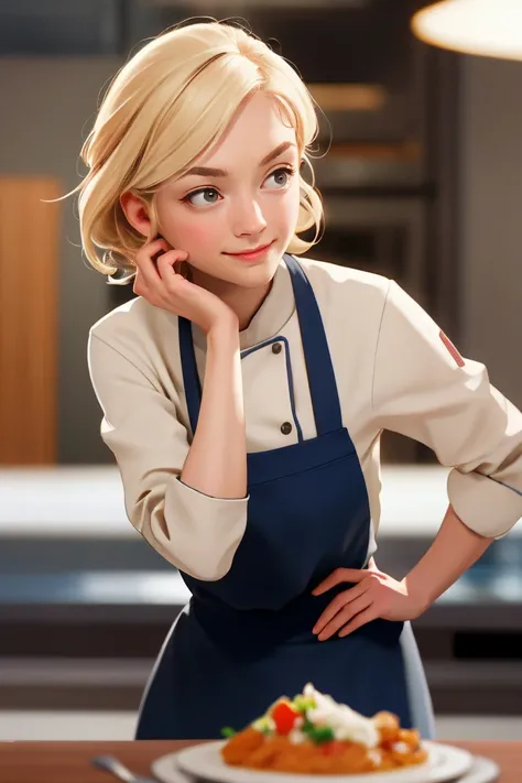 1girl, solo, portrait of a chef at a kitchen, bend over the table, from front, looking at viewer, smirk, blurry_background, bokeh, chromatic_aberration, depth_of_field, female focus, photorealistic, soft colors, masterpiece, high quality, (high detailed sk...