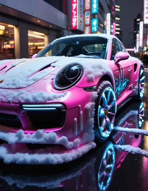 closeup shot, Porsche in Tokyo, neon paint, electromagnets as wheels, wheels of lightning, add detail, night photo, reflections, 4k, uhd, hdr <lora:ral-decoznow:1> ral-decoznow