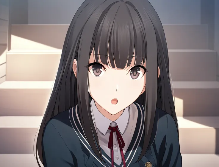 1girl,nagumo kasumi,school uniform, red neck ribbon,open mouth, :o, stairs, looking at viewer,masterpiece,solo,best quality,game cg,(illustration:1.2),(extremely fine and beautiful),(perfect details),(unity CG 8K wallpaper:1.05),(ray tracing),(beautiful an...