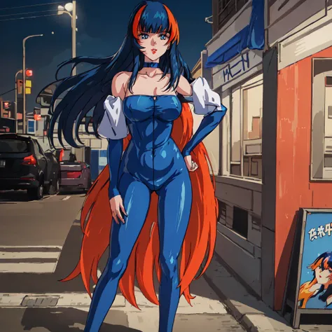 <lora:Aisha:1>outdoor,street,Masterpeace,high quality,Aisha, 1girl, solo, long hair,blue hair,blue eyes,bare shoulders,detached sleeves,choker, streaked hair,blue bodysuit,lipstick,red lips,blunt bangs,orange hair,full body, hands on hip, standing