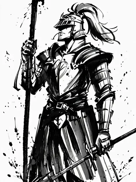 <lora:xl_ink wash painting style(pony):1>,ink wash painting style,greyscale,monochrome,armor,weapon,polearm,solo,monochrome,helmet,full armor,holding,holding weapon,1boy,greyscale,white background,plume,male focus,simple background,shoulder armor,blood,spo...