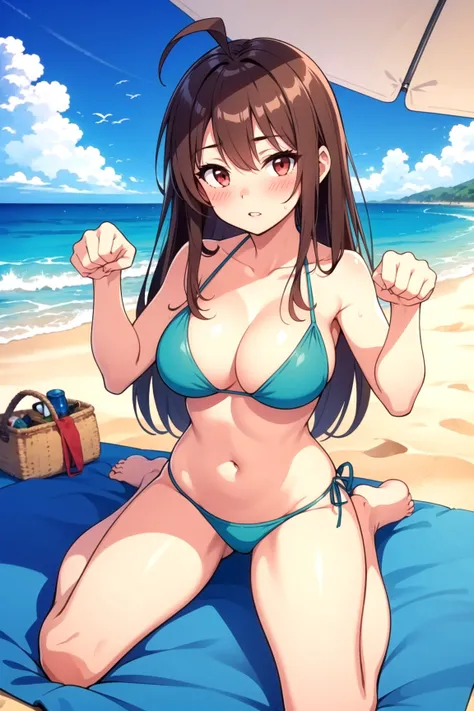 1girl, swimsuit, breasts,  (large ass:1.2), (feet:1.2), (blush:1.2) ahoge, bikini, solo, brown hair, long hair, beach, day, sitting, outdoors, green bikini, large breasts, cleavage, sky, red eyes, looking at viewer, ocean, navel, barefoot, hand between leg...