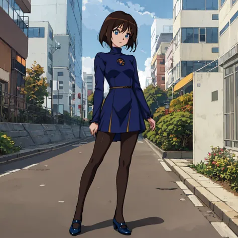 <lora:Kurumi_Tomonaga-10:1>outdoor,street,Masterpeace,high quality,Kurumi_Tomonaga, 1girl, solo,short hair, blue eyes,brown hair, long sleeves, dress, pantyhose, shoes, turtleneck, standing, full body, hand on hip