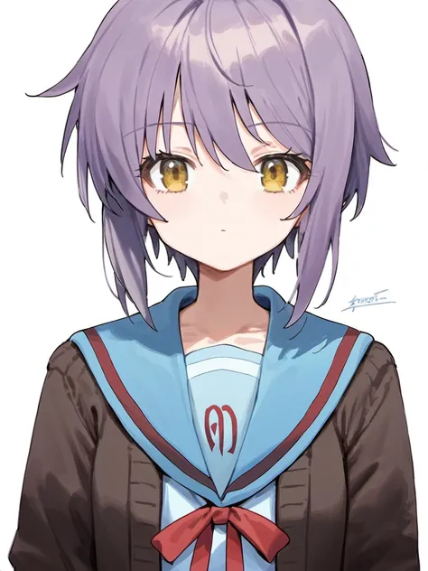 score_9, source_anime,
1girl, nagato yuki, sailor collar, school uniform, skirt, solo, winter uniform, kita high school uniform, cardigan, short hair, purple hair, blue skirt, serafuku, blue sailor collar, open cardigan, red ribbon, brown cardigan, yellow ...