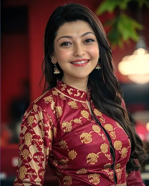 photo of kjag woman, conservatively dressed wearing high neck Maroon clothing, looking at camera, laughing on face, simple background  <lora:kjag_Kajal_Aggarwal_SD15_LoRA_prodigy_local_regs:1>