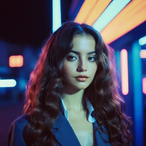 Photo of a woman with long wavy hair,portrait,kodachrome, neon,cyberpunk,   <lora:ismerced_xl_4_standard_merger_29prev_20_37_04_03_03:1>