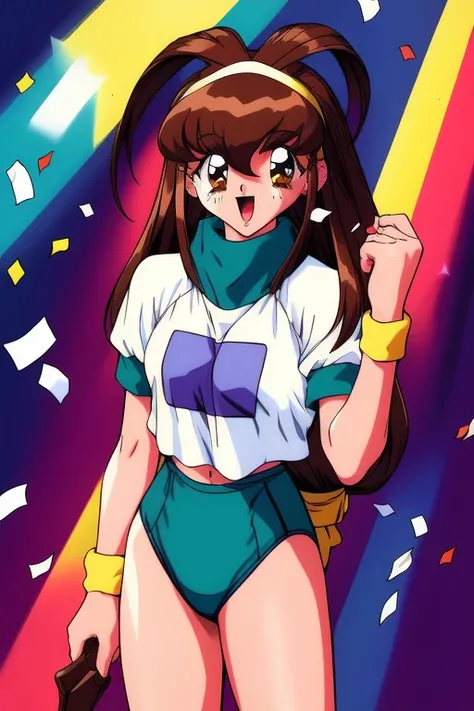 <lora:Kanzaki_Akari:1>, KanzakiAkari, 1girl, long hair, low-tied long hair, solo, brown hair, brown eyes, retro artstyle, open mouth, wristband, buruma, 1990s (style), confetti, gym uniform, navel, short sleeves, hairband, holding, smile, party popper, cow...