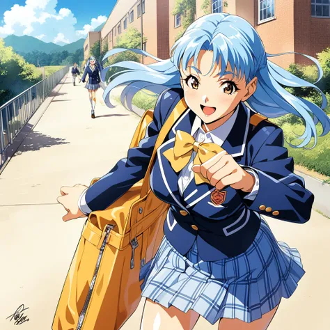 1girl,solo,seigura,smile,open mouth,outdoors,school,light blue hair,blazer,skirt,school uniform,<lora:seigura:1>,best quality,