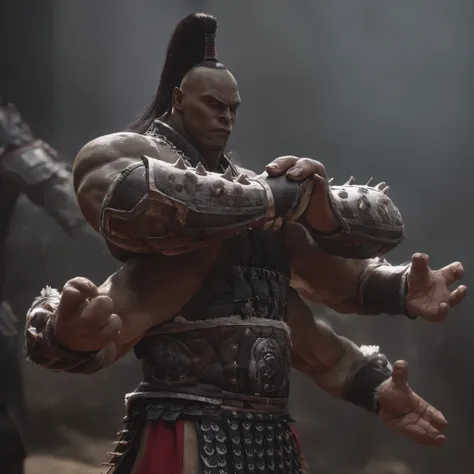 cinematic film still of  <lora:Shokan Style:1>
The Shokan four-armed humanoids, Kuatan, Goro,four arms,4 arms,four_arms,Prince of the Shokan race,large,powerful build,2000-year-old Grand Champion,a man with a sword and a red belt,solo,long hair,black hair,...