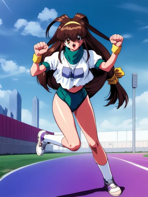 <lora:Kanzaki_Akari:1>,  KanzakiAkari, 1girl, solo, low-tied long hair, long hair, brown hair, open mouth, buruma, one eye closed, shoes, full body,  wristband, gym uniform, smile, short sleeves, retro artstyle, hairband, standing, socks, clenched hands, s...