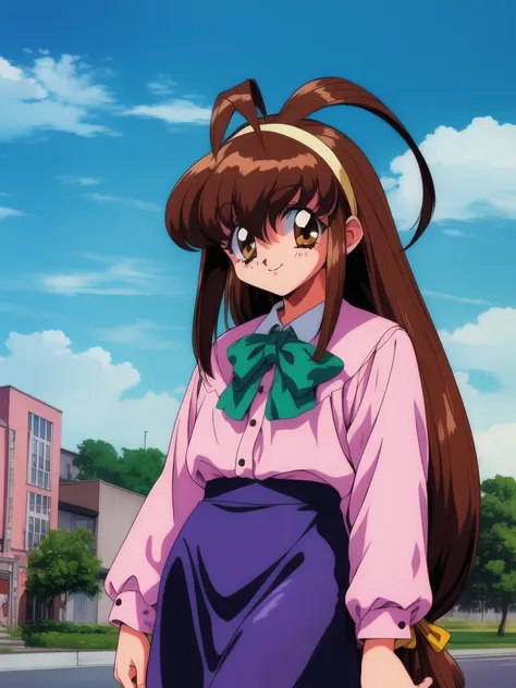 <lora:Kanzaki_Akari:0.8>,  KanzakiAkari, 1girl, soro, brown_hair, hairband, brown_eyes, long_hair, antenna_hair, low-tied_long_hair, 1990s_(style), retro_artstyle, cowboy_Shot, sky, outdoor, smile, 
dress, long sleeve, skirt,
masterpiece, high quality, ver...